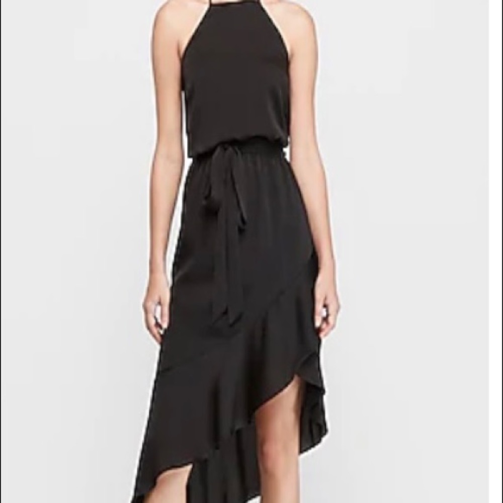 High neck asymmetrical fit & flare dress.
